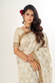 TAHKSHI - Ivory Gold Jamdani weaved banarasi Silk saree