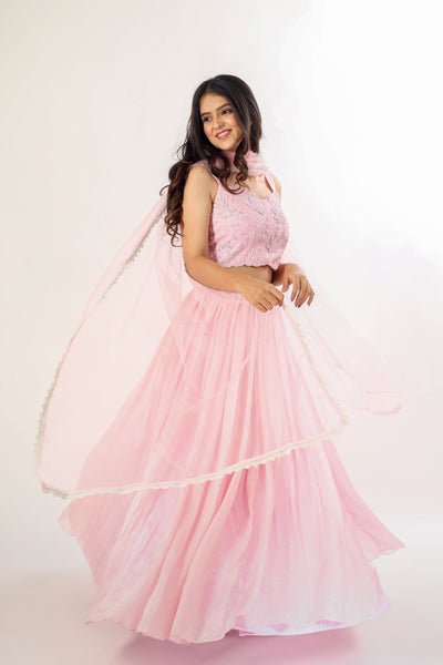 VRUTA - Pastel pink pleated lehenga choli set with dupatta