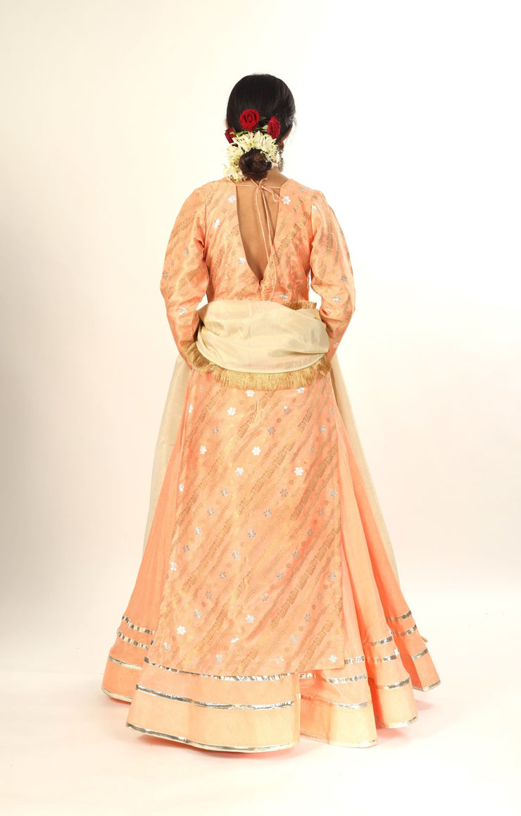 SYRA - Golden Peach Kurta with Gott Patti Skirt and Dupatta