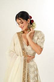 ABHISRI - Ivory Gold Jamdani Silk Lehenga with blouse and dupatta