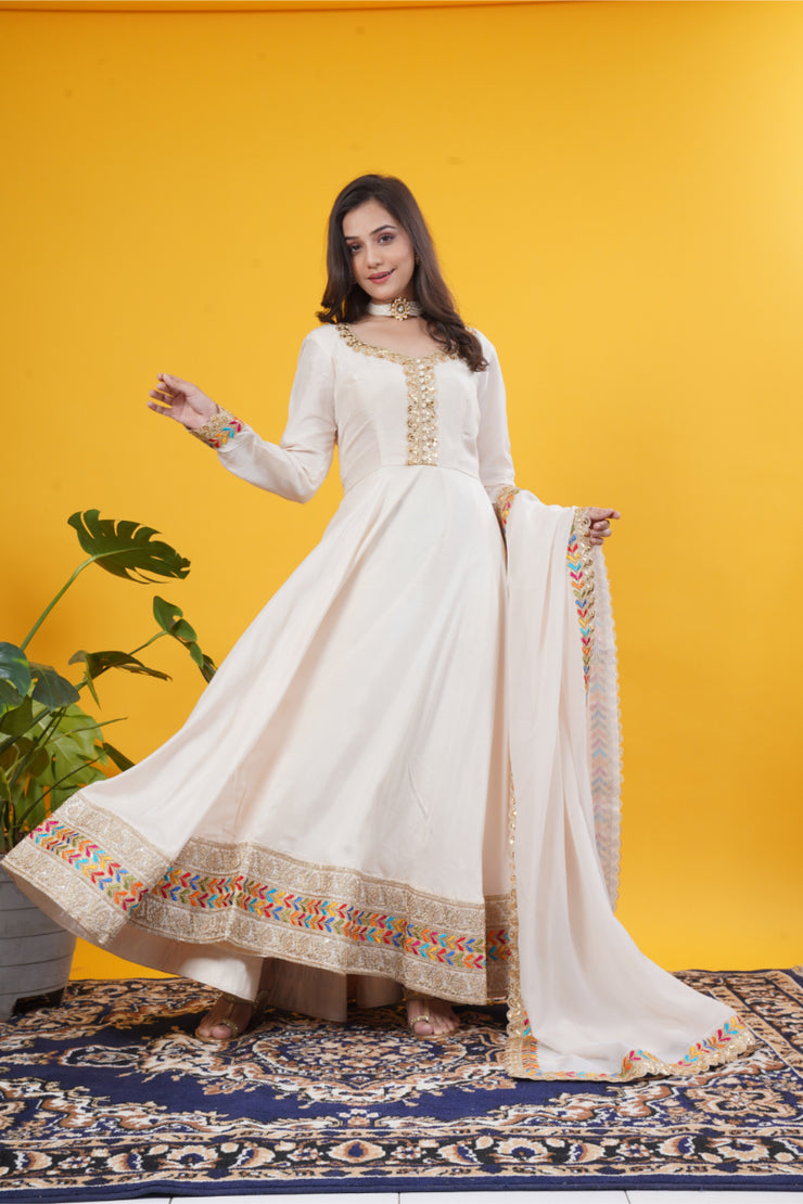 Ivory Russian Silk Gown with Multi-Color Layered Laces & Soft Organza Dupatta