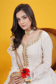 Ivory Russian Silk Gown with Multi-Color Layered Laces & Soft Organza Dupatta