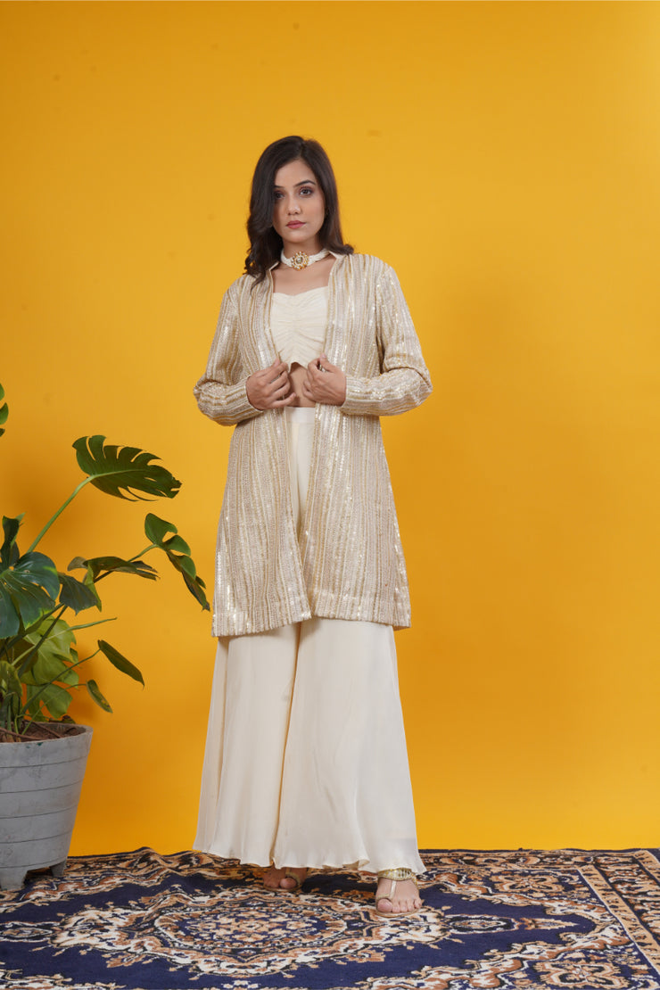 Ivory Gold Sequin Embellished Crepe Jacket Set