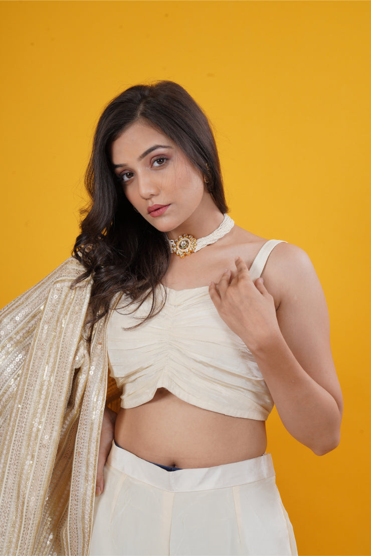 Ivory Gold Sequin Embellished Crepe Jacket Set
