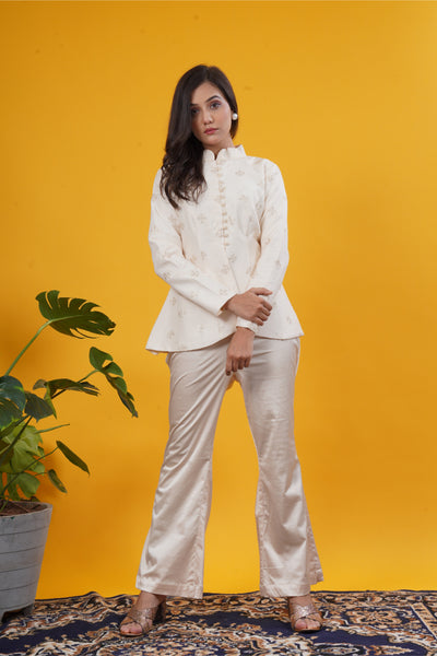 Ivory Upada Silk Butte Work Jacket Set with Stretchable Pants