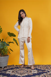 Ivory Upada Silk Butte Work Jacket Set with Stretchable Pants