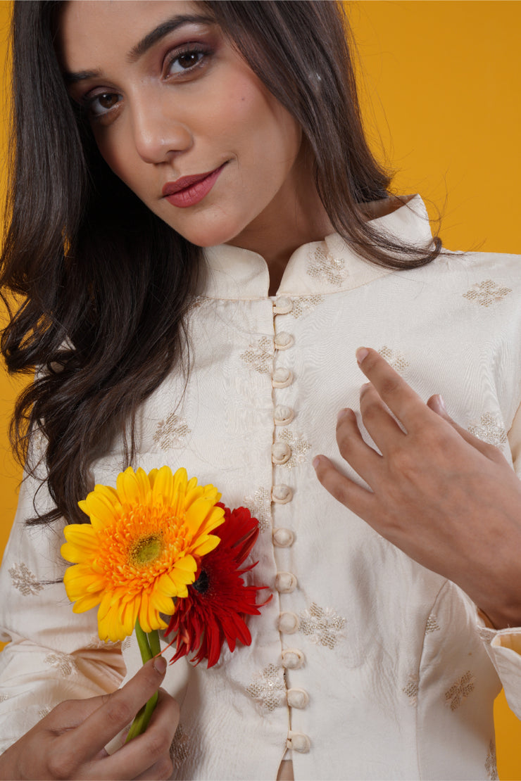 Ivory Upada Silk Butte Work Jacket Set with Stretchable Pants