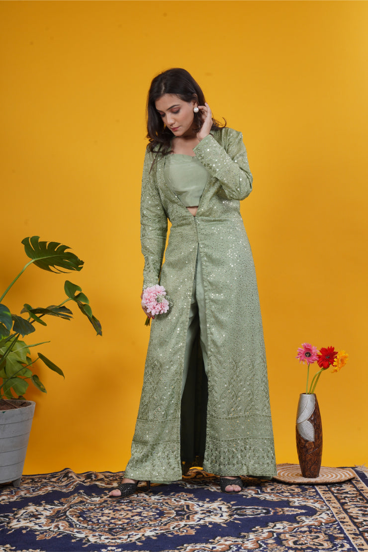 Olive Green Mirror Work Upada Silk Long Jacket Set with blouse and tailored pants