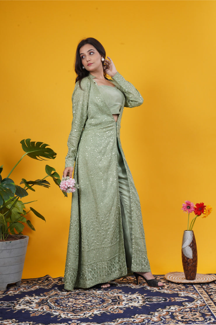 Olive Green Mirror Work Upada Silk Long Jacket Set with blouse and tailored pants