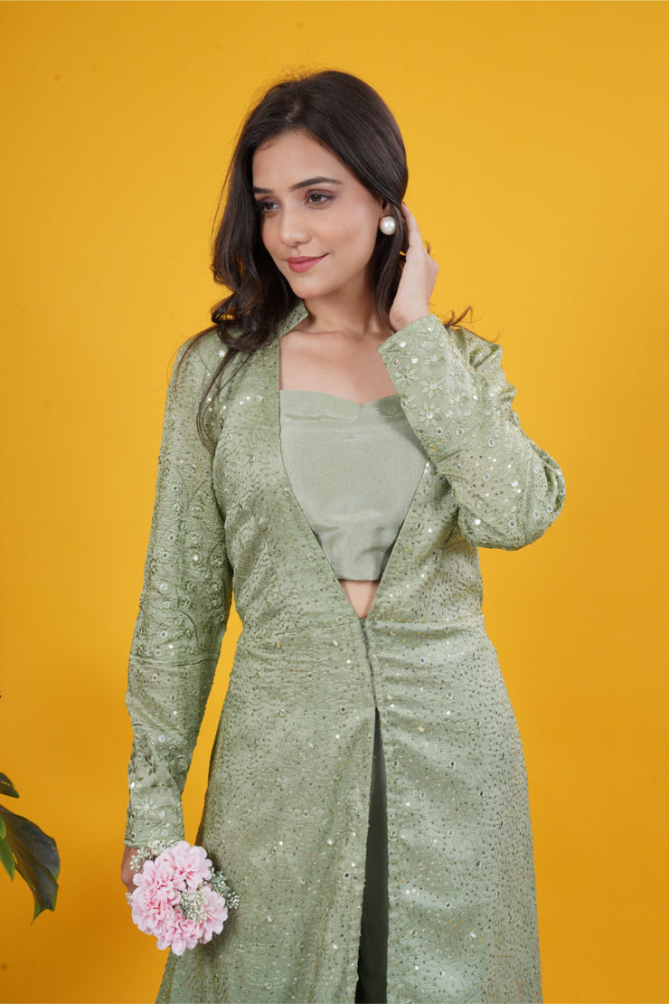 Olive Green Mirror Work Upada Silk Long Jacket Set with blouse and tailored pants