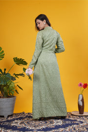 Olive Green Mirror Work Upada Silk Long Jacket Set with blouse and tailored pants