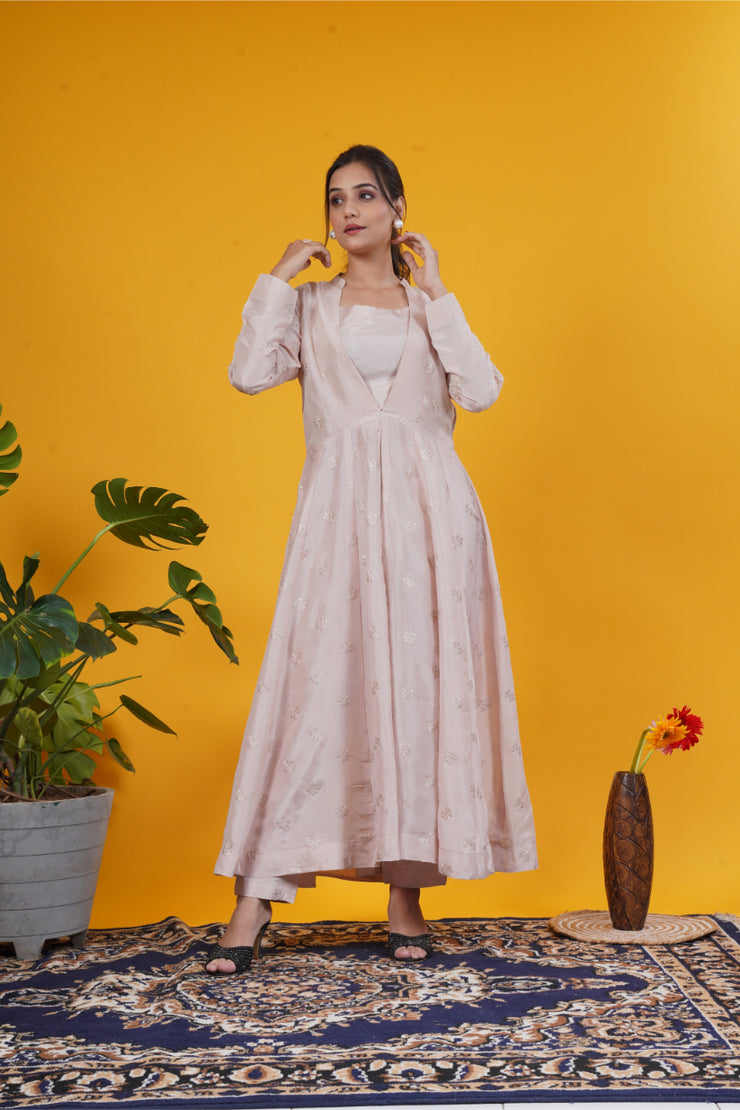 Light Brown & Peach Pink High-Slit Jacket Set