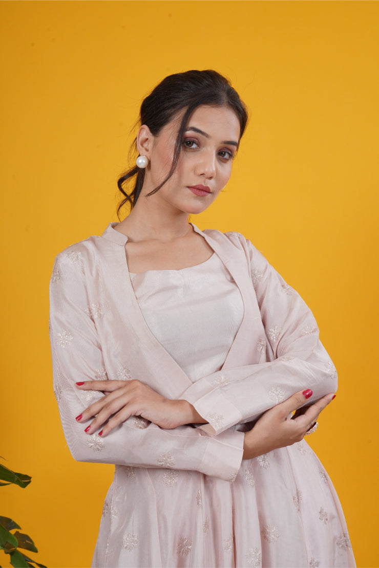 Light Brown & Peach Pink High-Slit Jacket Set