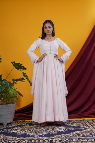 Baby Pink Double Yoke Handwork Kali Gown