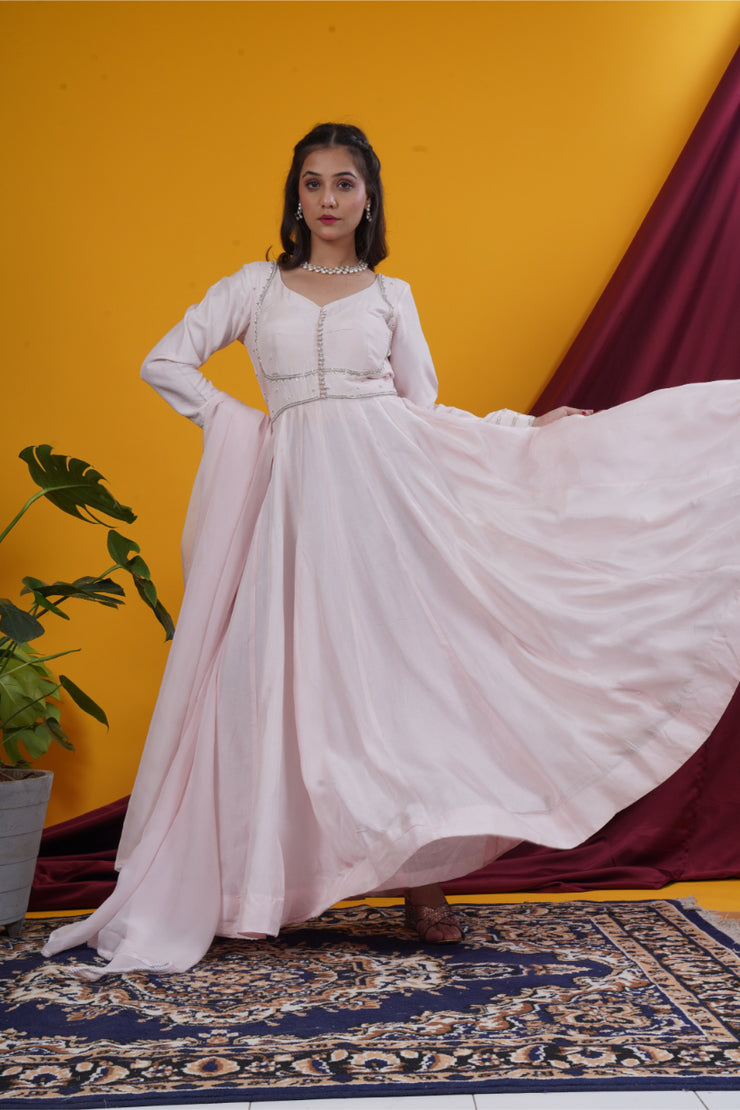 Baby Pink Double Yoke Handwork Kali Gown
