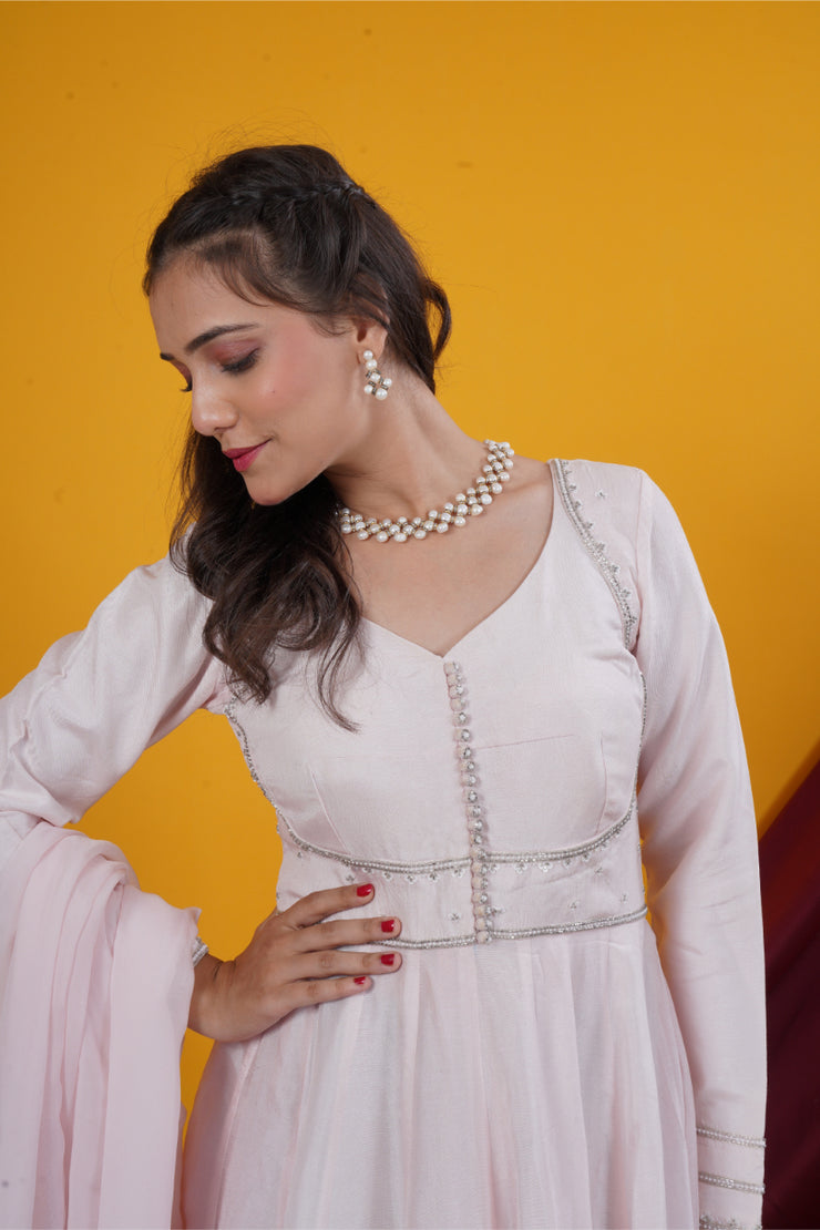 Baby Pink Double Yoke Handwork Kali Gown