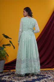 Pista Green Mirror Work Double Yoke Gown Set