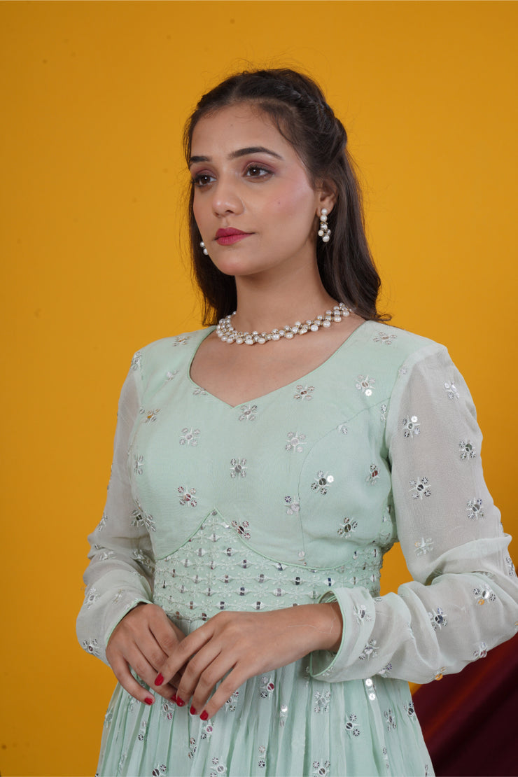 Pista Green Mirror Work Double Yoke Gown Set