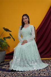 Pista Green Mirror Work Double Yoke Gown Set