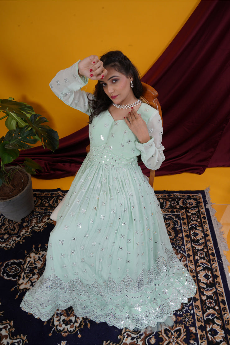 Pista Green Mirror Work Double Yoke Gown Set