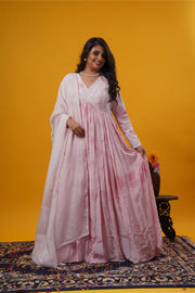 Onion Pink Batik Handwork Gown with Organza Dupatta