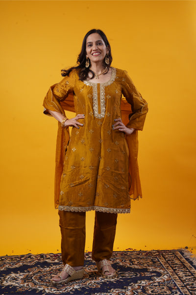 Dark Soybean Upada Silk Suit Set with Pants & Organza Dupatta