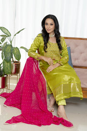 "Phoolvadi" – Lime Green Gajji Silk Celebration Suit Set