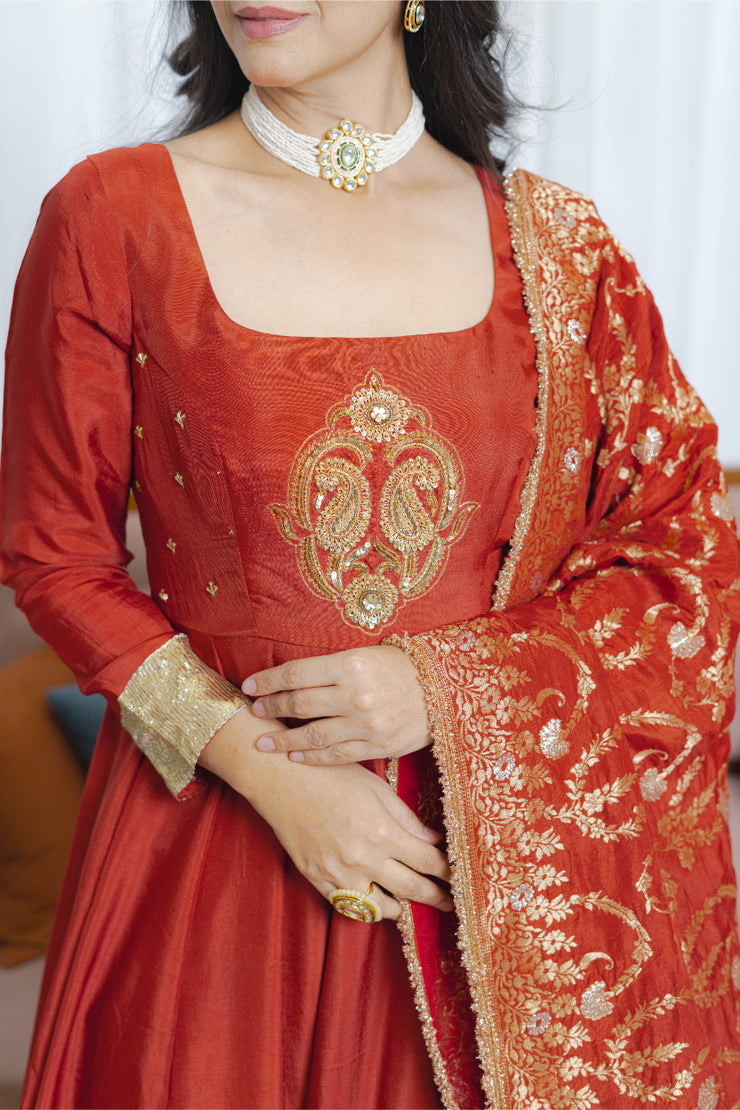 Rust Red Anarkali Ensemble suit set with brocade dupatta