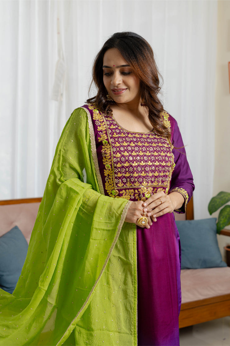 Purple Ombré Gajji Silk Suit Set