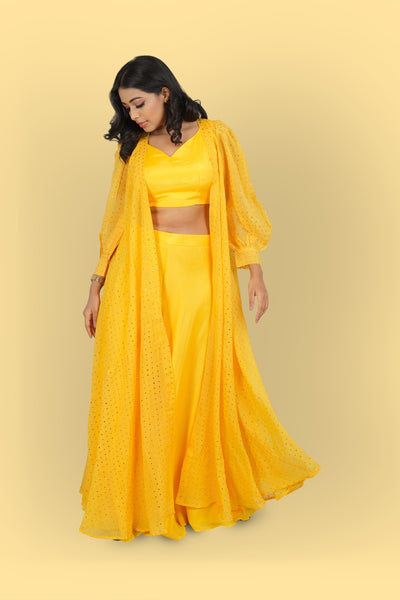 ARKA - Full sleeves cape with blouse and palazzo
