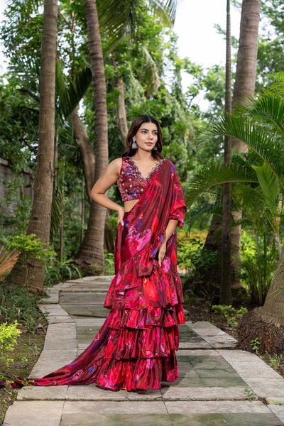 shades of wine- ruffle saree