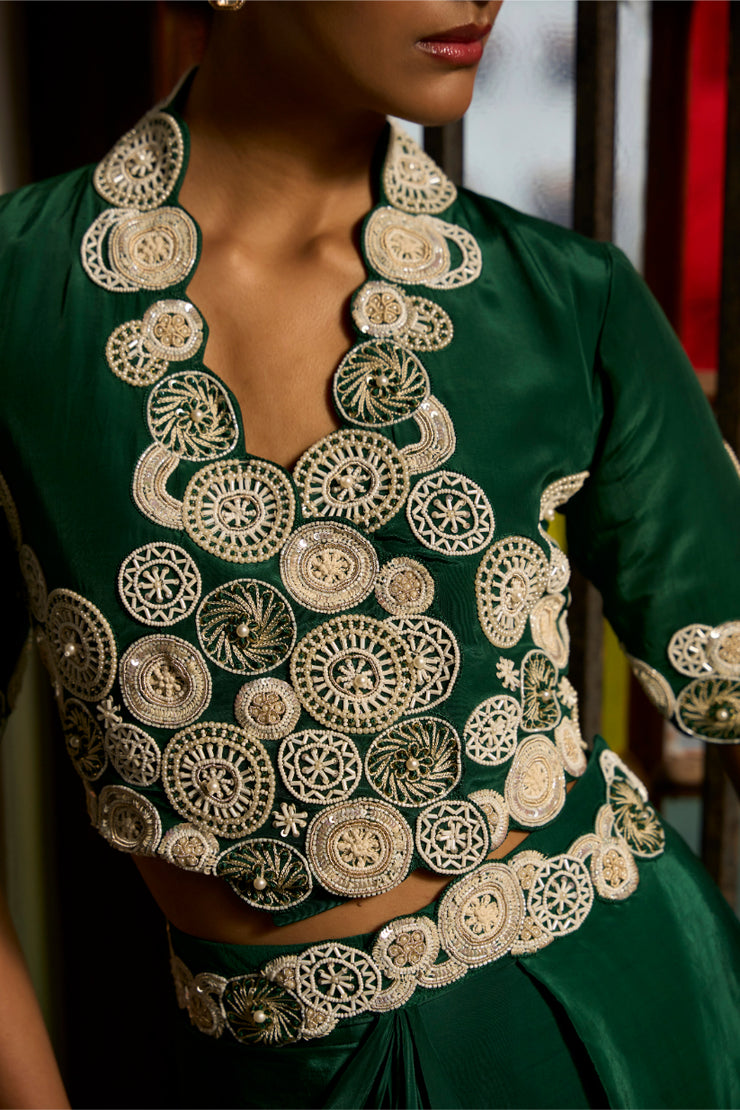 Green Poise Jacket and cowl skirt set