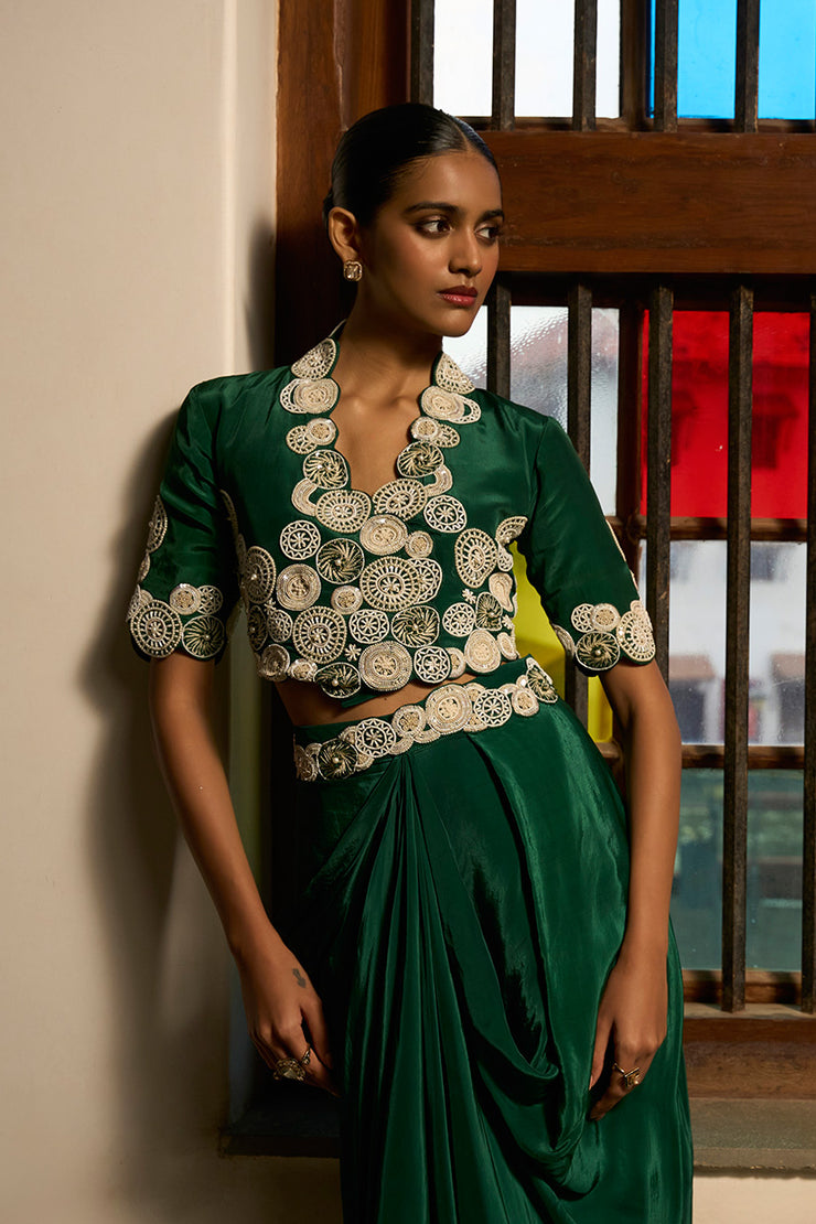 Green Poise Jacket and cowl skirt set