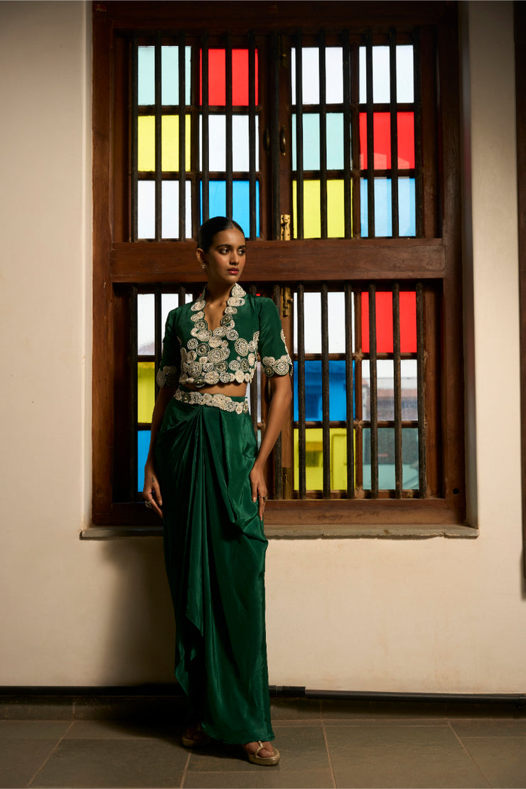 Green Poise Jacket and cowl skirt set