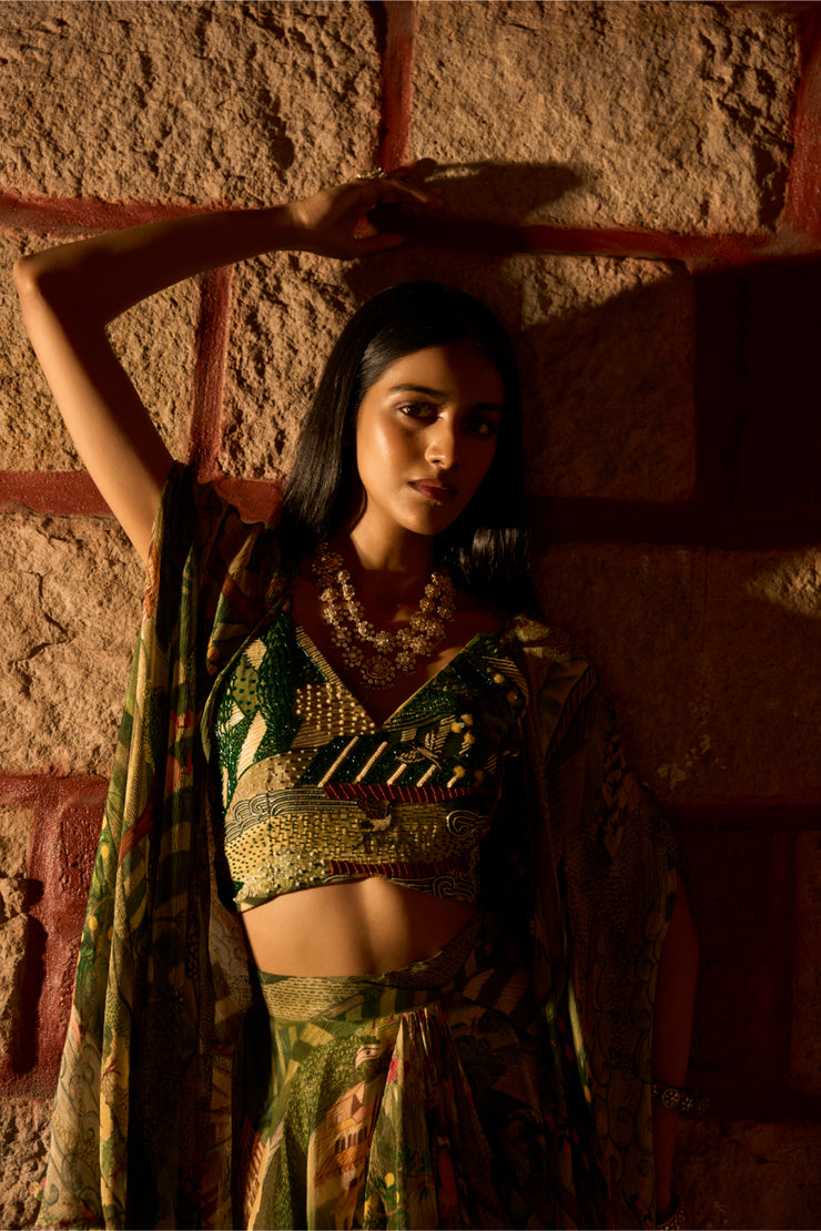 Enchanted Canopy – Jungle Print Cowl Skirt Set with Handwork Blouse and Shrug