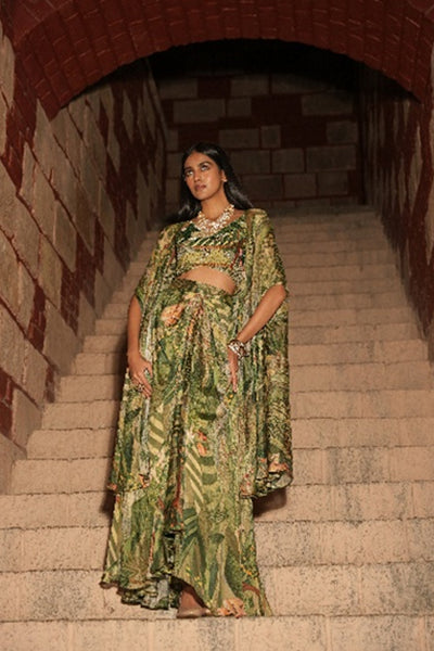Enchanted Canopy – Jungle Print Cowl Skirt Set with Handwork Blouse and Shrug