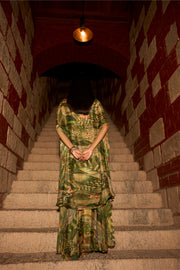 Enchanted Canopy – Jungle Print Cowl Skirt Set with Handwork Blouse and Shrug