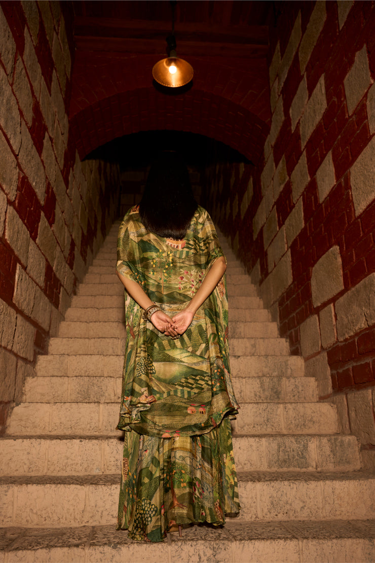 Enchanted Canopy – Jungle Print Cowl Skirt Set with Handwork Blouse and Shrug