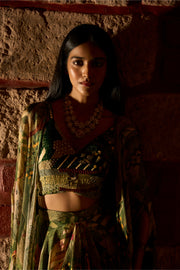 Enchanted Canopy – Jungle Print Cowl Skirt Set with Handwork Blouse and Shrug