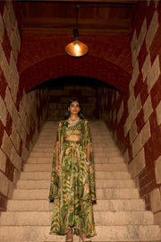 Enchanted Canopy – Jungle Print Cowl Skirt Set with Handwork Blouse and Shrug