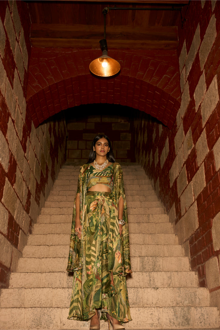 Enchanted Canopy – Jungle Print Cowl Skirt Set with Handwork Blouse and Shrug