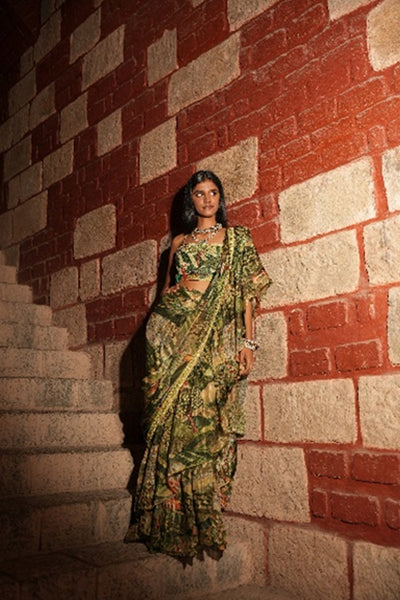 Jungle Print Ruffle Saree with Handwork Blouse