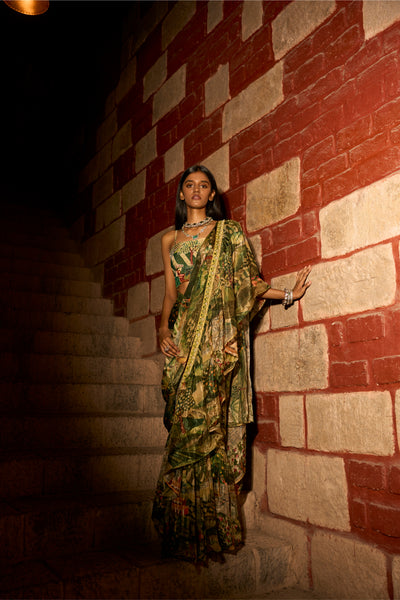 Jungle Print Ruffle Saree with Handwork Blouse