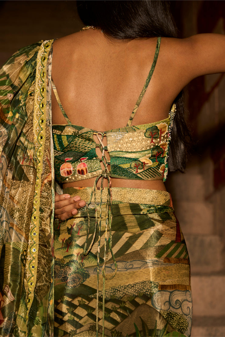 Jungle Print Ruffle Saree with Handwork Blouse