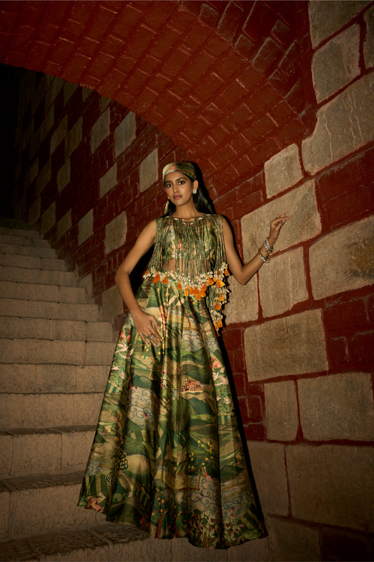 Tales of the Tropics – Jungle Print Skirt Set with Handcrafted Dori & Shell Tassel Detailing