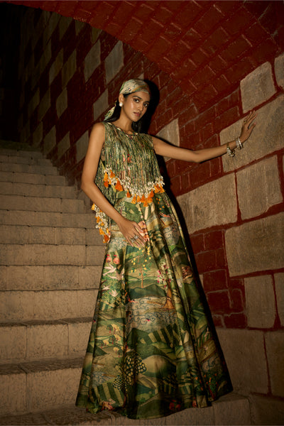 Tales of the Tropics – Jungle Print Skirt Set with Handcrafted Dori & Shell Tassel Detailing