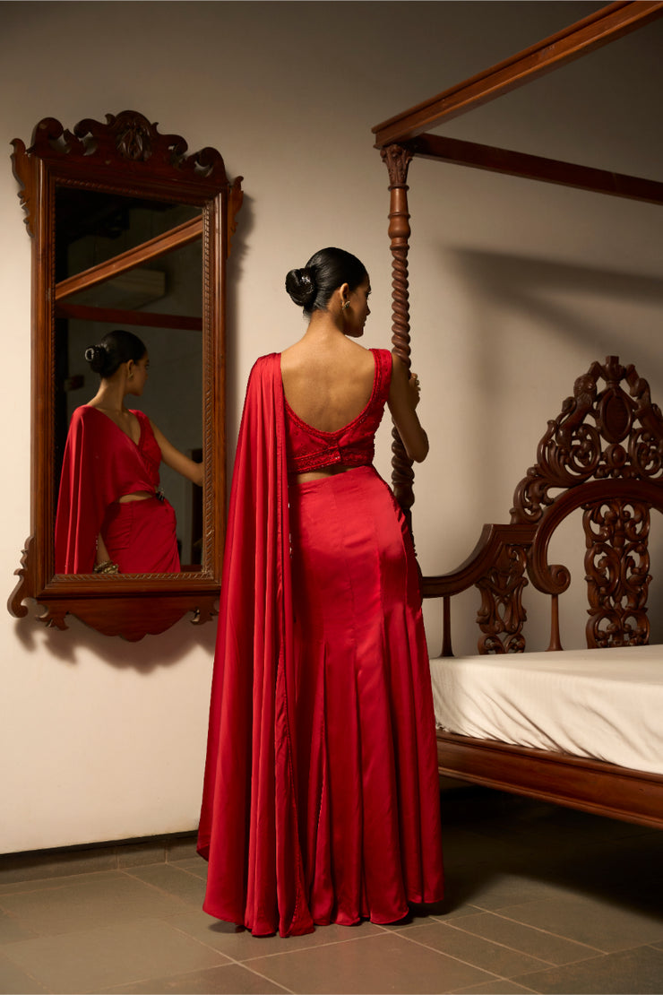 Crimson Knotted Drape Set with Embellished Blouse