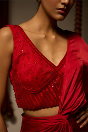 Crimson Knotted Drape Set with Embellished Blouse