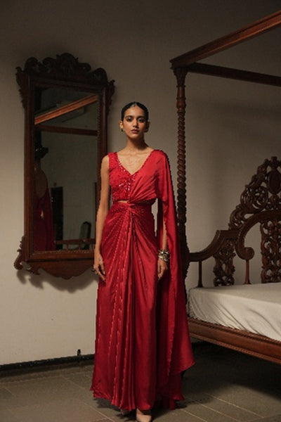 Crimson Knotted Drape Set with Embellished Blouse