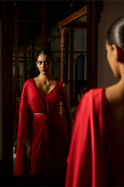 Crimson Knotted Drape Set with Embellished Blouse